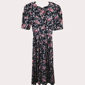 Vintage Expo 80s 90s Scallop Neckline Floral Pleated Full Skirt Dress Size 6